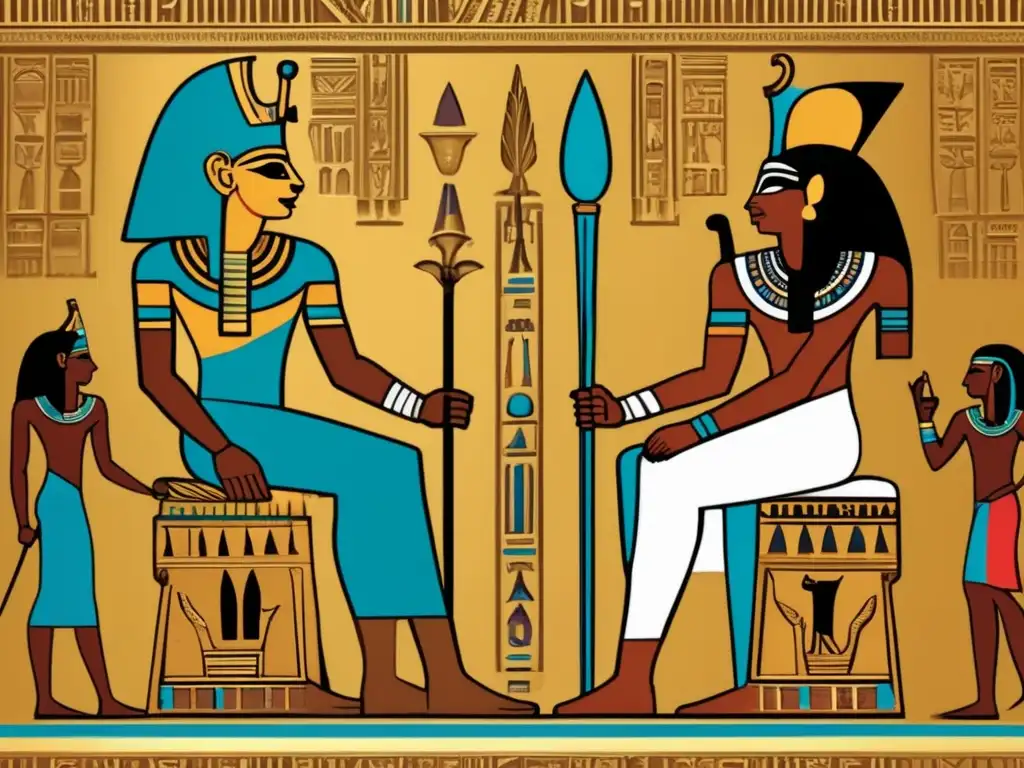 Una imagen estilo vintage muestra un encuentro diplomático entre un faraón egipcio y un rey nubio, simbolizando la influencia nubia en la relación de diplomacia entre Egipto y Nubia