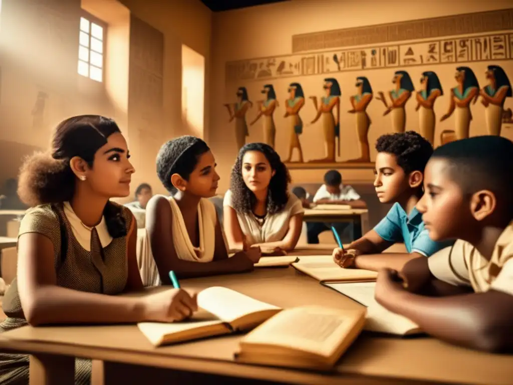 Una imagen de estilo vintage muestra a estudiantes atentos en un aula, aprendiendo con pasión sobre la mitología egipcia