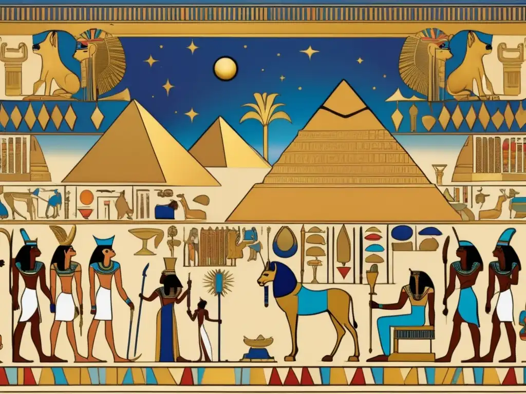 Una imagen estilo vintage muestra un impresionante mural del antiguo Egipto con proporciones antinaturales en arte egipcio