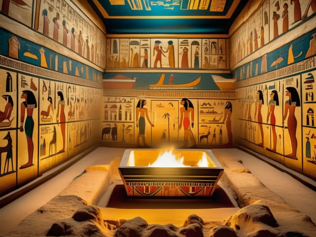 Una imagen en estilo vintage que muestra el interior de una antigua tumba egipcia, llena de pinturas murales intrincadas e inscripciones jeroglíficas