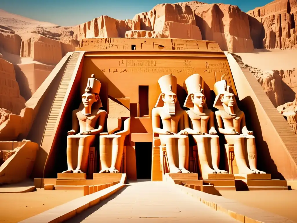 Una imagen en estilo vintage del magnífico complejo funerario de la Reina Hatshepsut muestra la grandiosidad de la arquitectura del templo