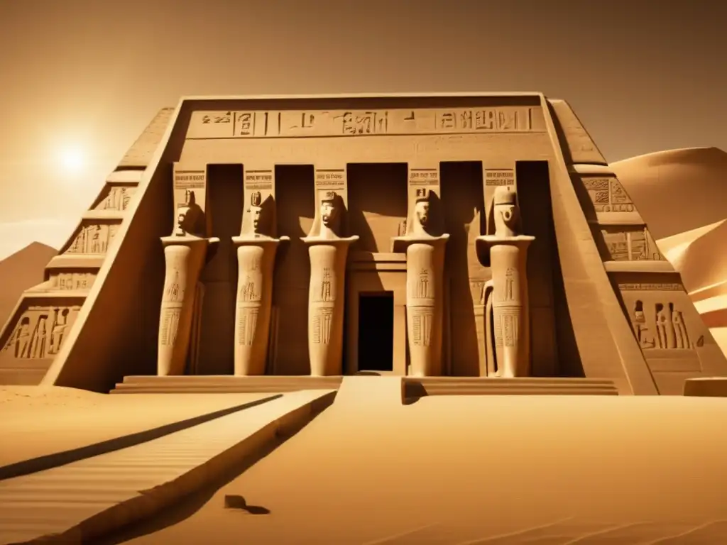 Una imagen de estilo vintage del majestuoso Templo de Seti I en Abidos, Egipto, nos transporta en el tiempo a la era de los faraones