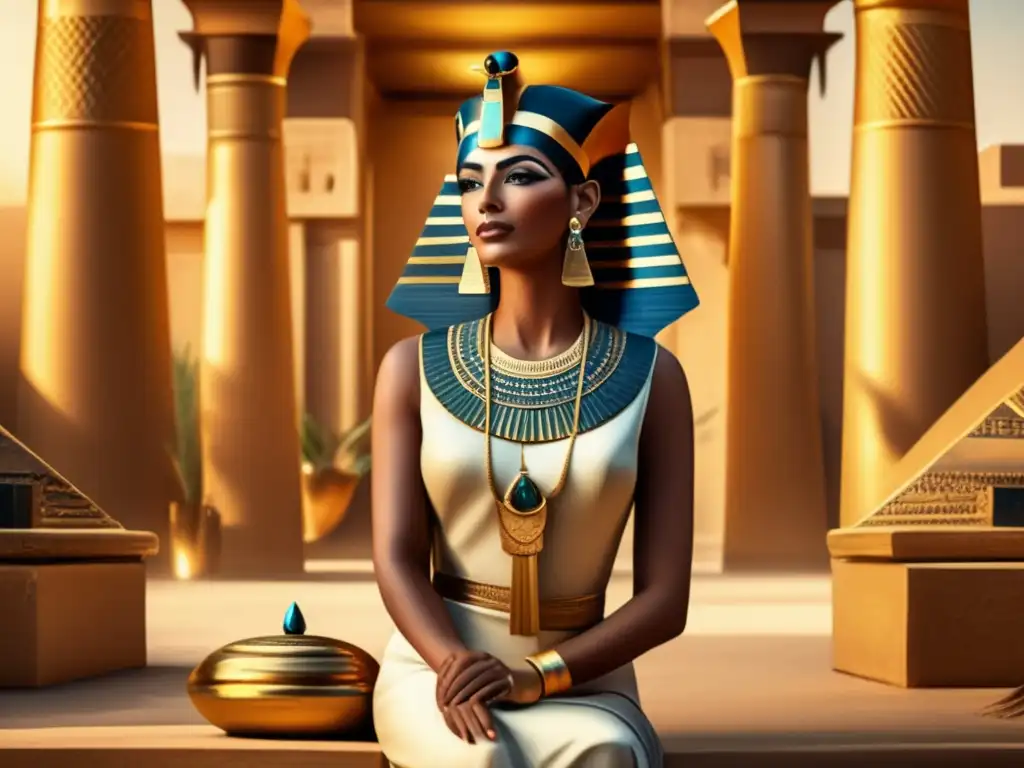 Una imagen estilo vintage muestra una residencia opulenta de una reina faraónica en el antiguo Egipto