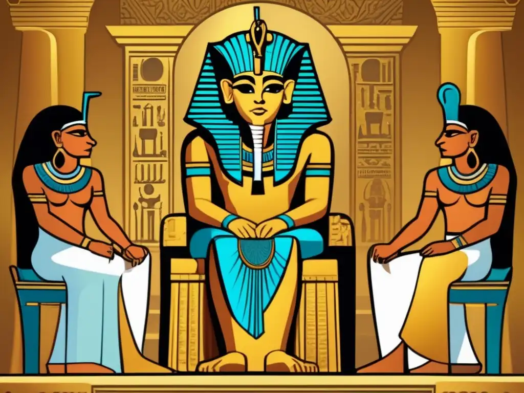 La imagen muestra un faraón egipcio en su trono dorado rodeado de consejeros y cortesanos