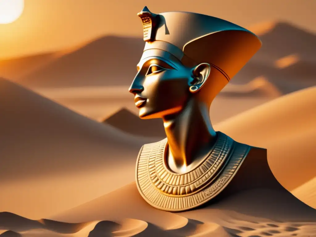 Una imagen de Akenatón, el icónico faraón egipcio, frente a dunas de arena y un atardecer dorado