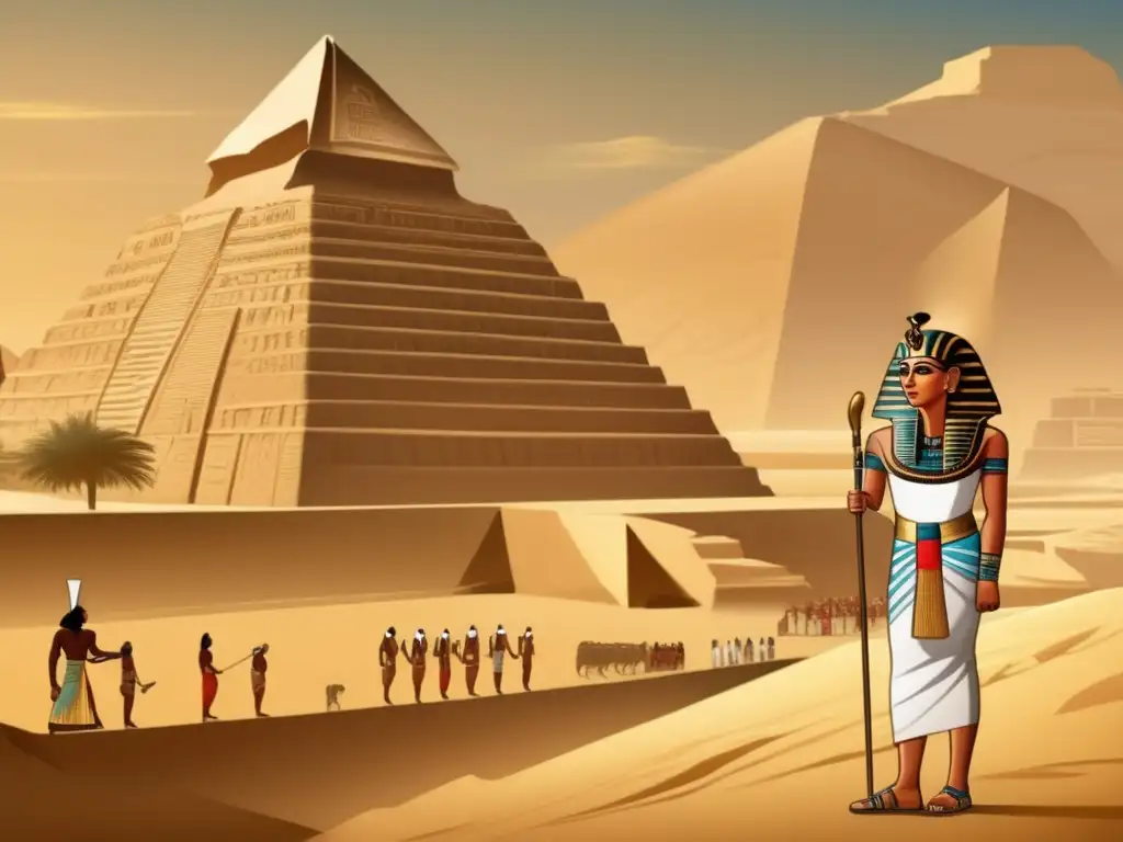 La imagen muestra a Imhotep, arquitecto y médico egipcio, frente a la Pirámide de Djoser