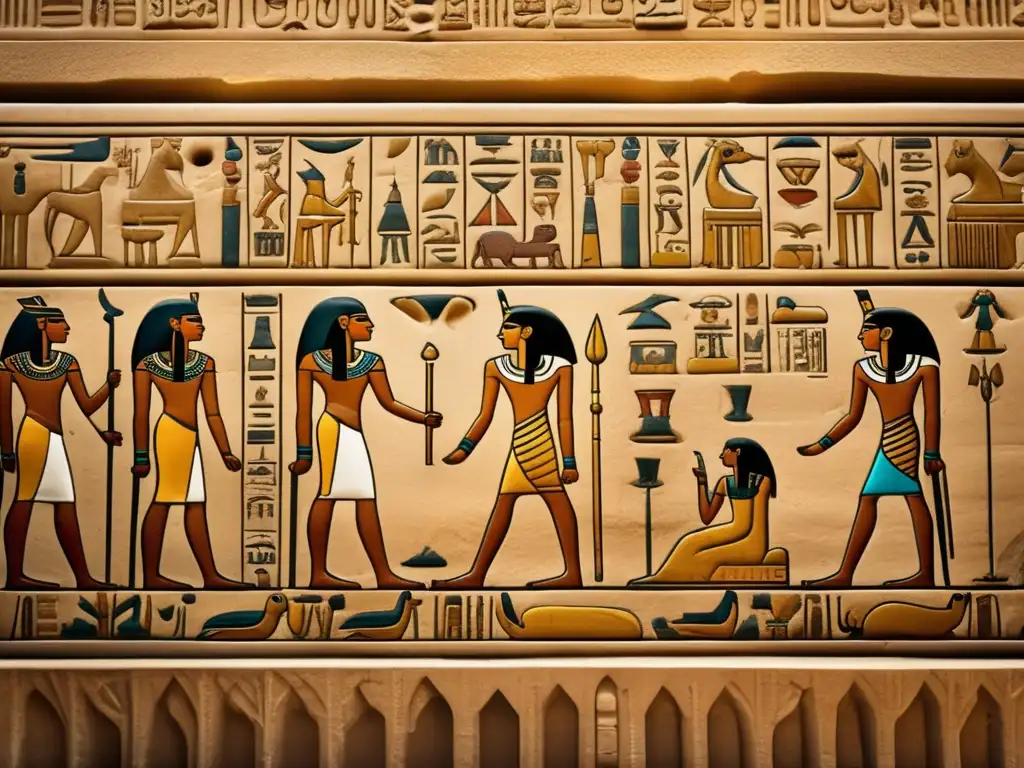 Una imagen impactante en 8k muestra la belleza intrincada de los jeroglíficos egipcios en la decoración de templos