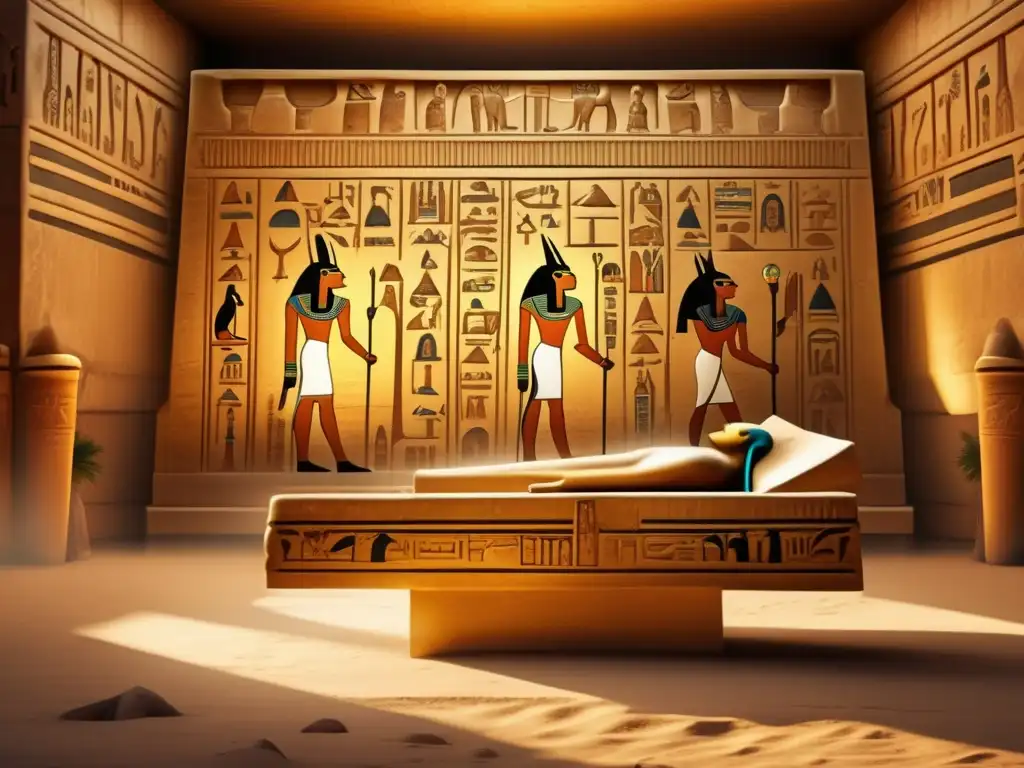 Una imagen impactante estilo vintage que muestra una tumba egipcia antigua iluminada por una suave luz dorada
