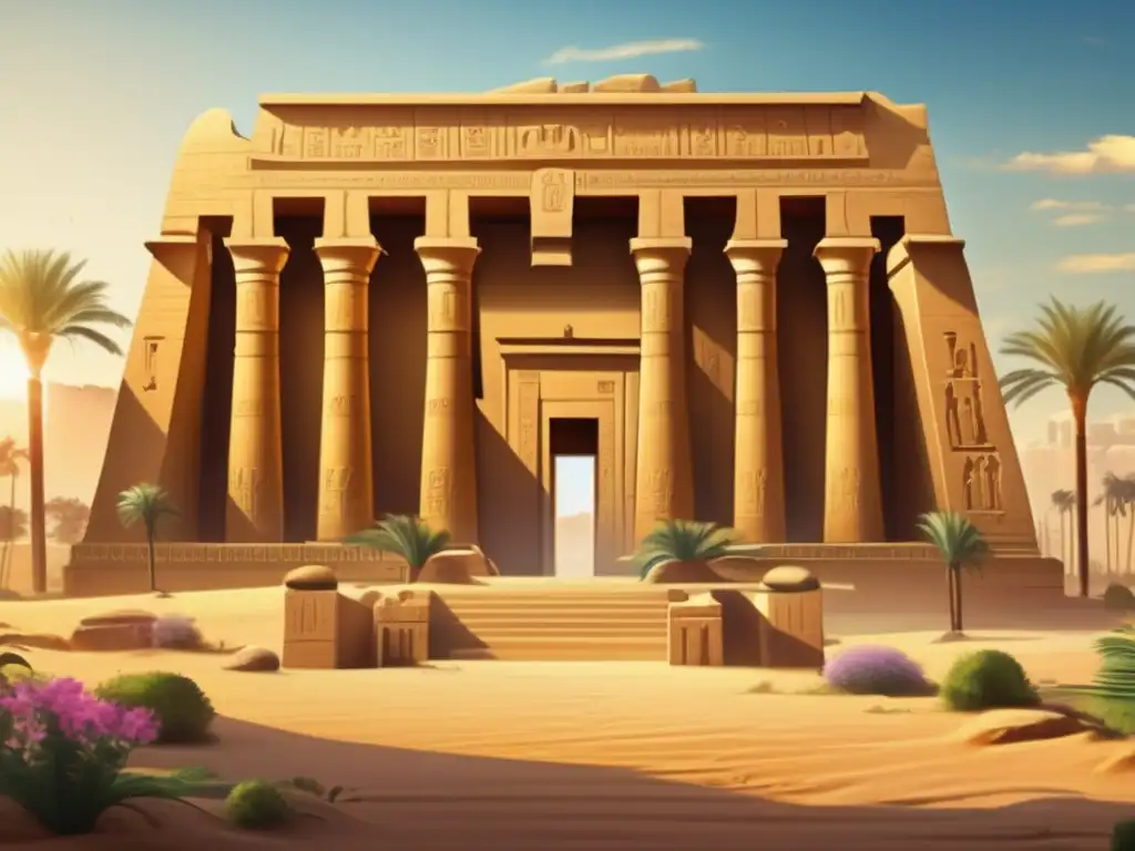 Una imagen impactante de un templo egipcio bellamente preservado, bañado por la cálida luz dorada del sol