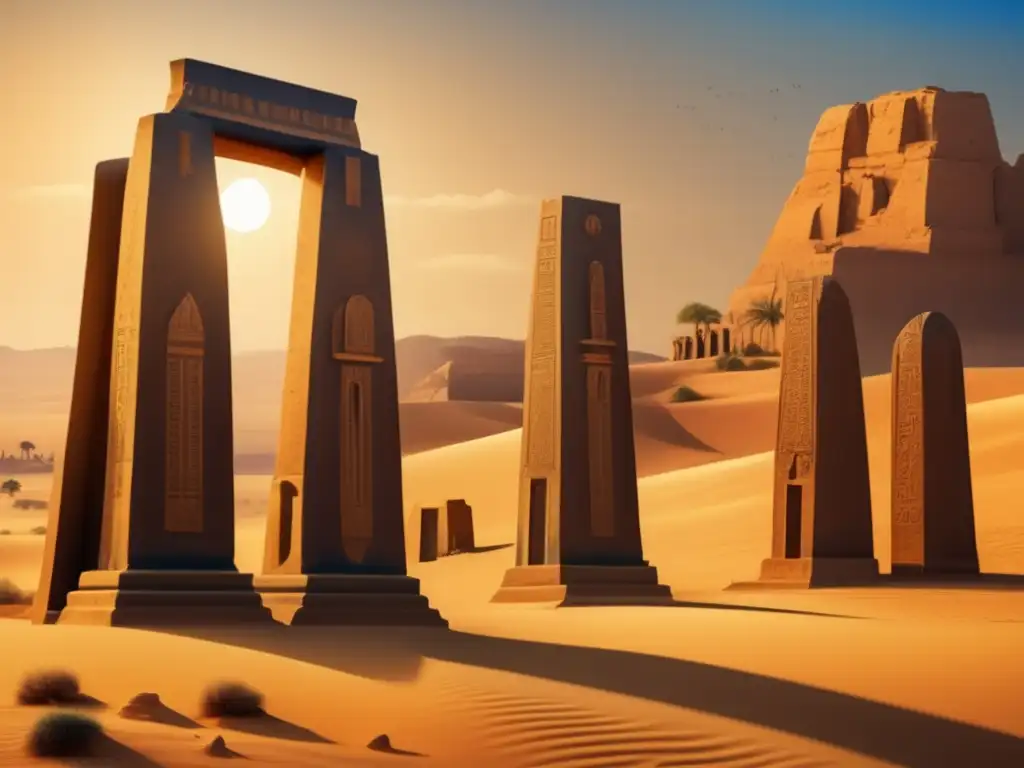 Una imagen impresionante de las Estelas de Frontera de Akhenatón en Nubia, con paisajes dorados y un cielo azul vibrante