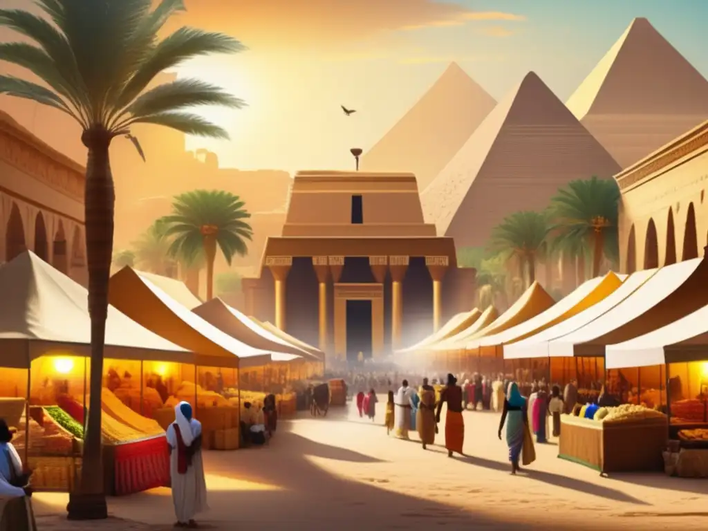 Una imagen impresionante estilo vintage que muestra un bullicioso mercado en el antiguo Egipto