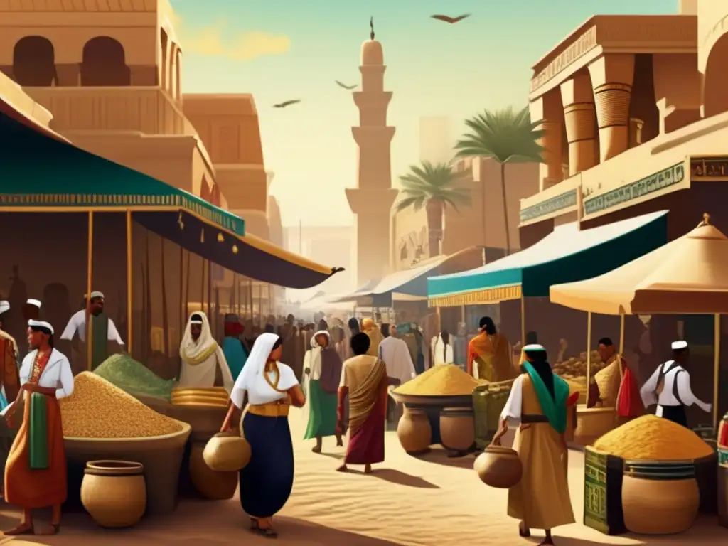 Una imagen impresionante en estilo vintage muestra el bullicioso mercado egipcio antiguo, con colores ricos y detalles intrincados