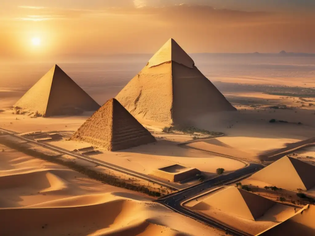 Una imagen impresionante de estilo vintage que muestra la fusión perfecta entre la arquitectura antigua egipcia y la tecnología aérea moderna