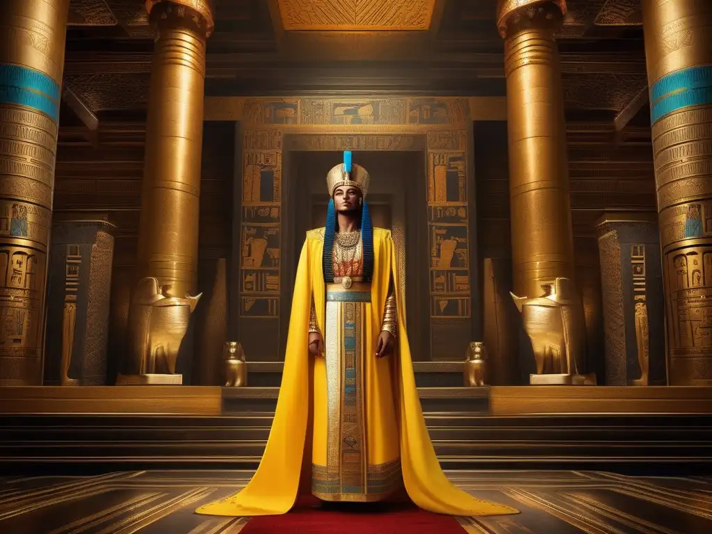 Una imagen impresionante estilo vintage muestra a una poderosa faraona en un majestuoso salón del trono decorado con jeroglíficos intrincados
