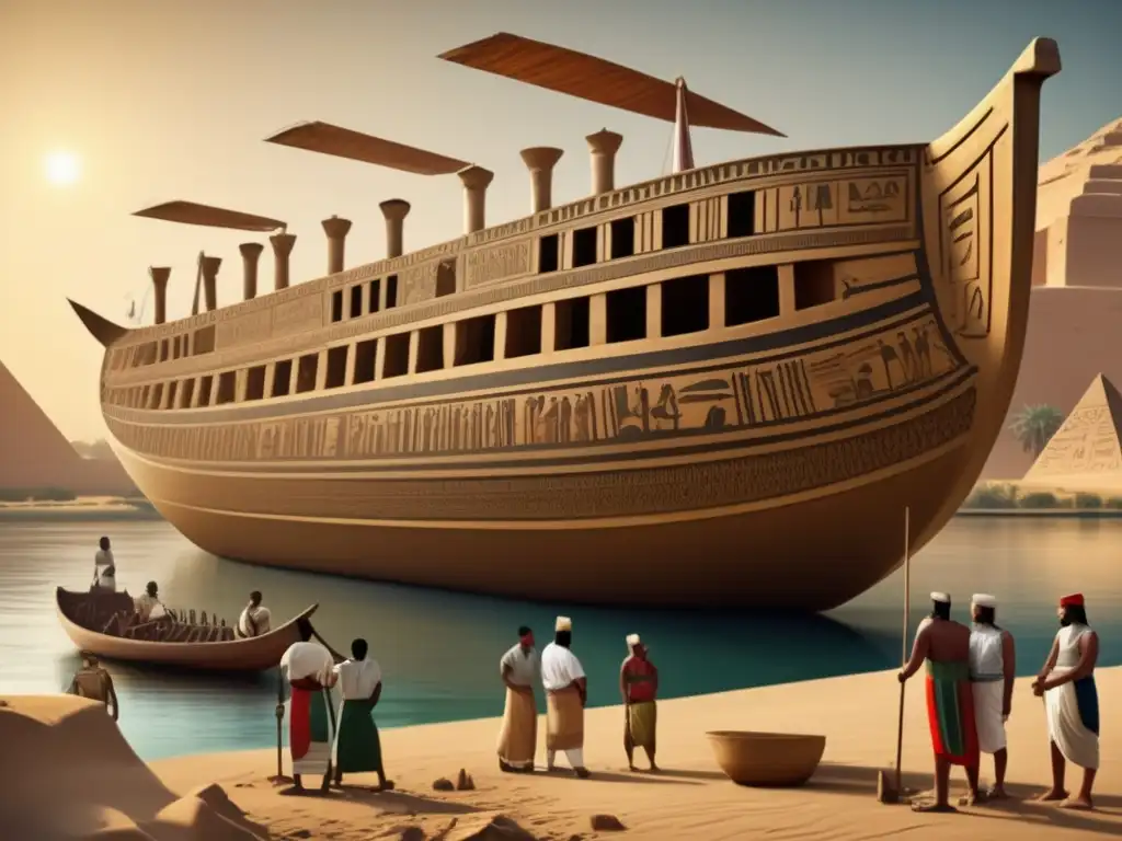 Una imagen impresionante estilo vintage que muestra la construcción de un majestuoso barco egipcio en el antiguo Egipto