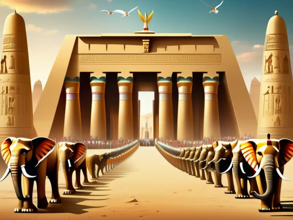 Una imagen impresionante estilo vintage que muestra un gran templo en el antiguo Egipto, con jeroglíficos tallados y columnas imponentes