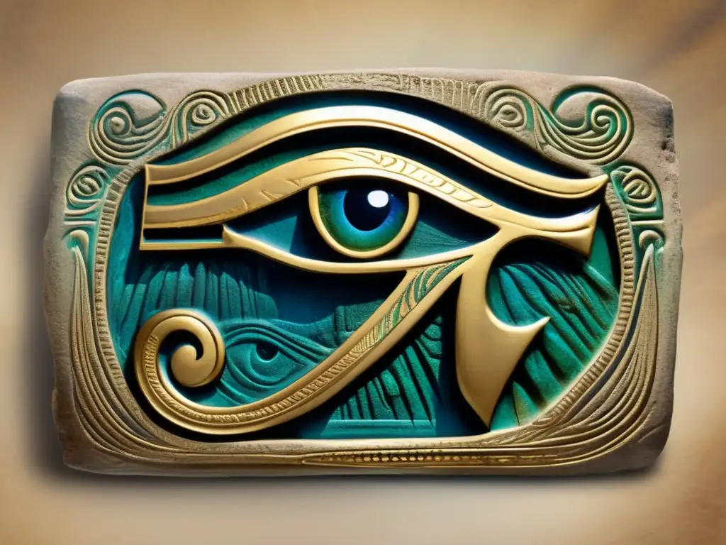 Una imagen impresionante de estilo vintage que muestra el místico Ojo de Horus grabado en una tableta de piedra envejecida
