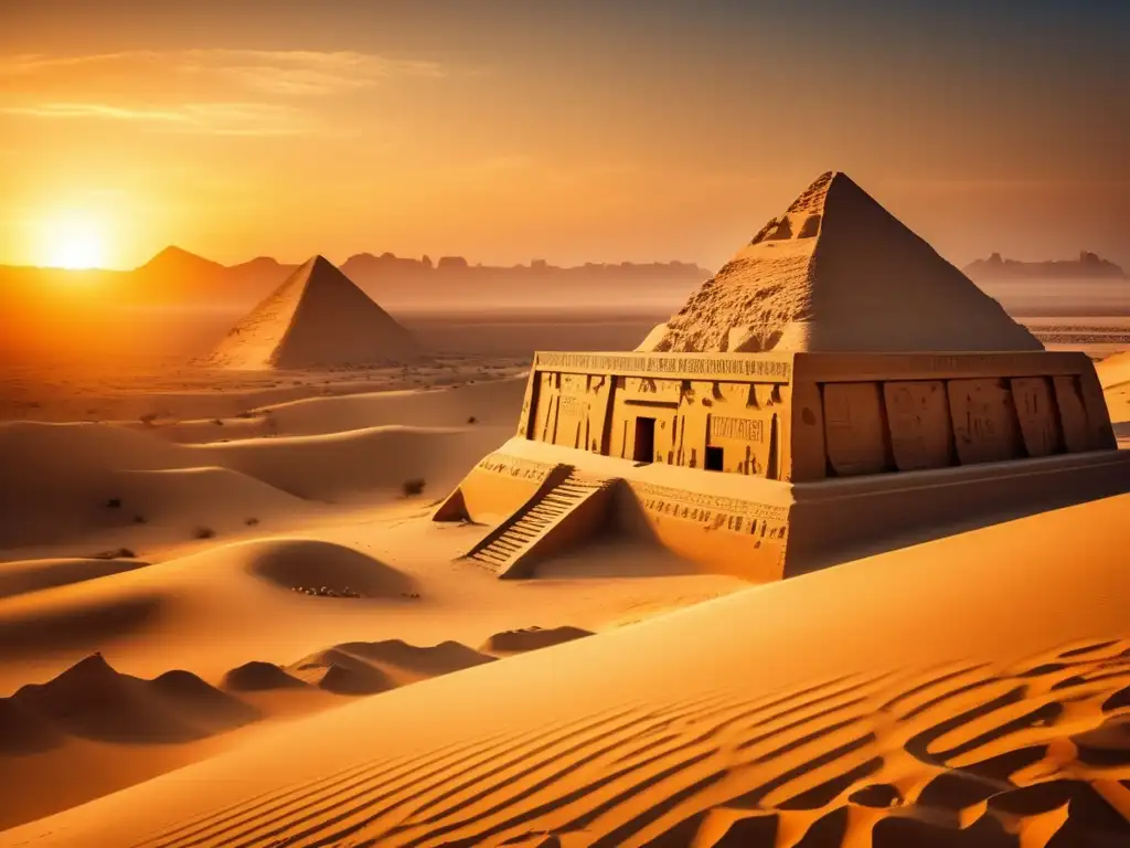 Una imagen impresionante en estilo vintage que muestra el paisaje fascinante de una necrópolis egipcia antigua al atardecer