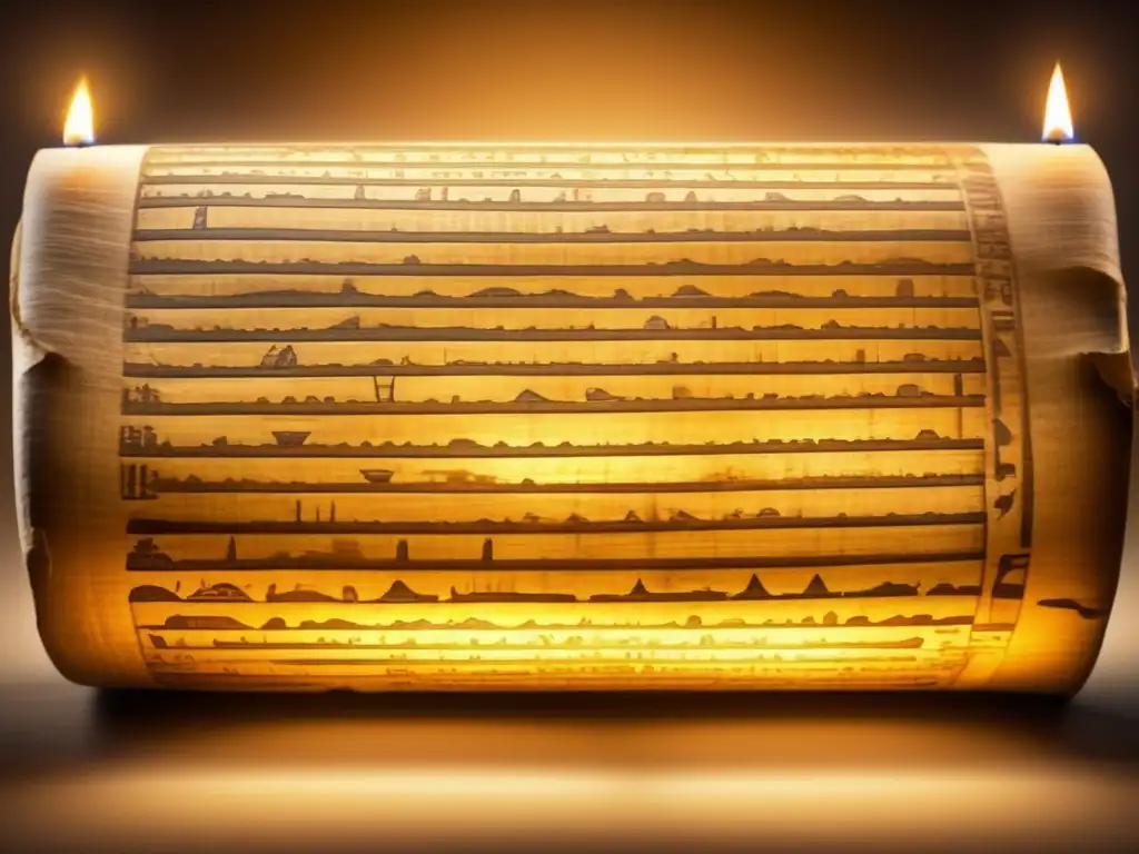 Una imagen mágica de un antiguo pergamino egipcio iluminado por velas, revelando jeroglíficos intrincados