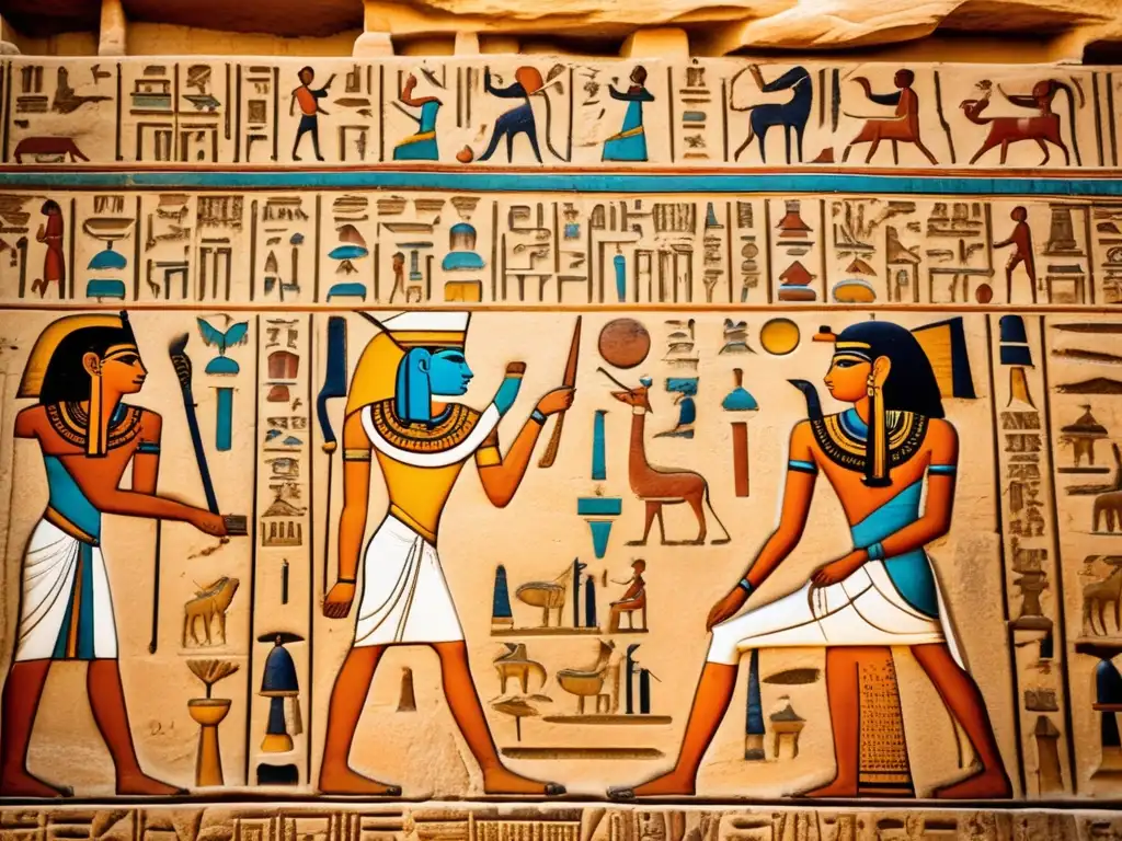 La imagen muestra los misterios de Medinet Habu, con las intrincadas esculturas y jeroglíficos en las paredes del templo de Ramsés III