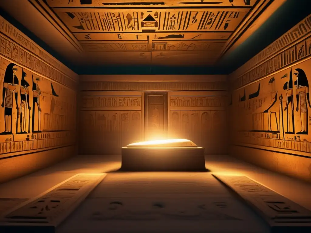 Una imagen misteriosa de una antigua tumba egipcia iluminada débilmente, llena de jeroglíficos y pinturas antiguas