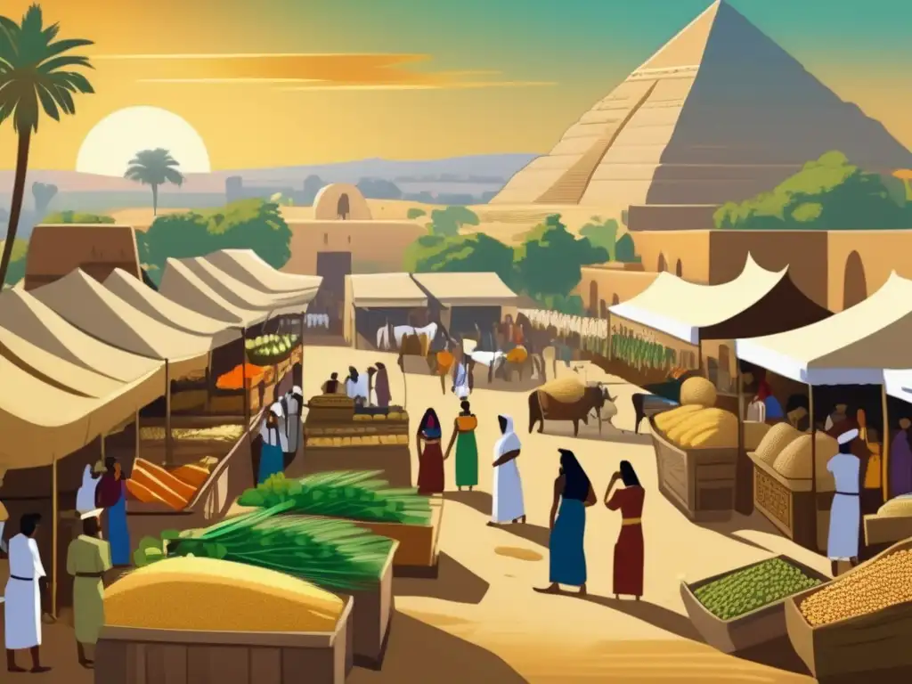 Una imagen nostálgica muestra un animado mercado egipcio en la antigua ciudad de Tebas