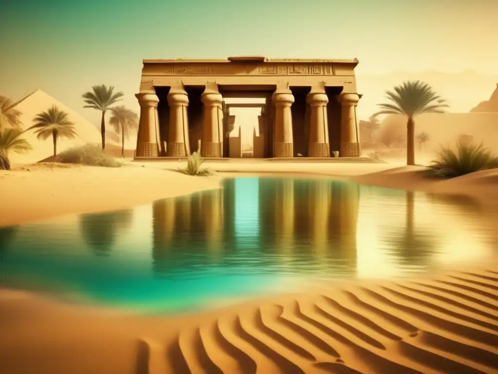 Una imagen nostálgica de un antiguo templo egipcio en ruinas, parcialmente sumergido en un oasis en el desierto