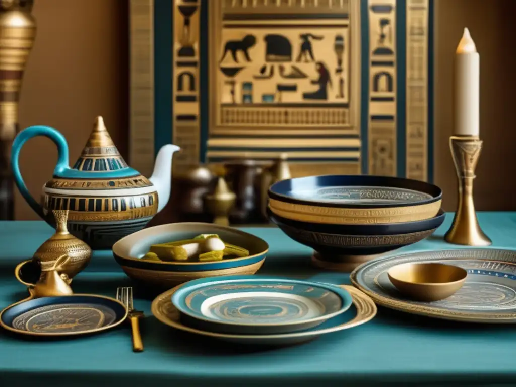 Una imagen nostálgica de vajilla egipcia para la mesa, en un comedor decorado al estilo antiguo