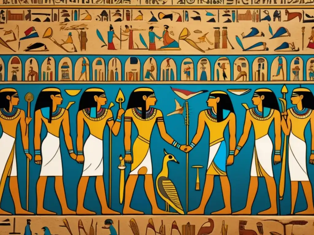 Una imagen de una pared antigua egipcia, meticulosamente conservada, con coloridas decoraciones y jeroglíficos detallados