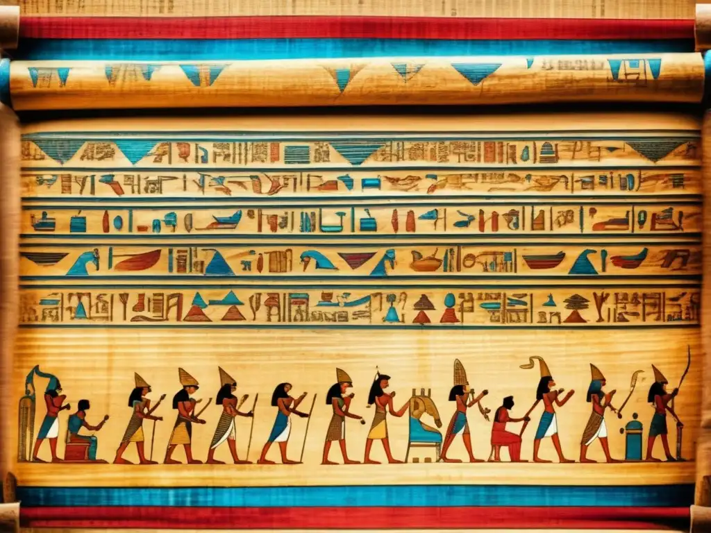 Una imagen en 8k muestra un pergamino de papiro antiguo, con inscripciones en vibrantes tonos de azul, rojo y oro
