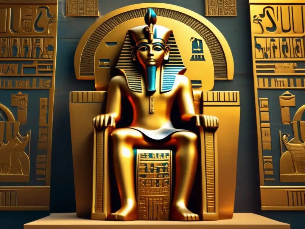 La imagen muestra a Psusennes I, faraón de la Tumba Dorada en Tanis, en un estilo vintage