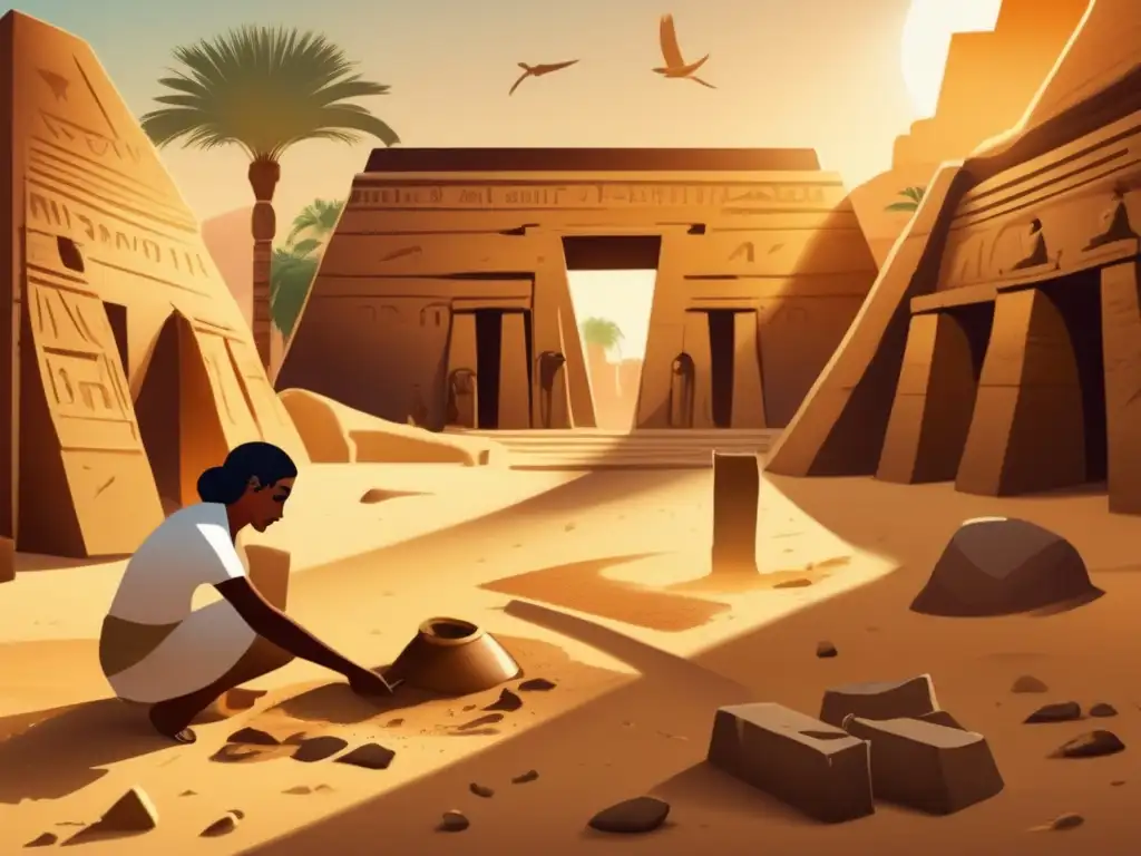 Una imagen con ruinas parcialmente descubiertas rodeadas de arena y palmeras en un sitio arqueológico egipcio