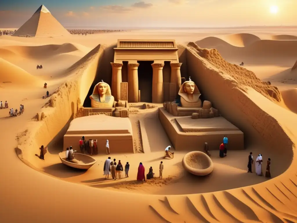 Una imagen en 8k muestra un sitio de excavación arqueológica en Egipto, con ruinas antiguas y artefactos dispersos en un paisaje arenoso