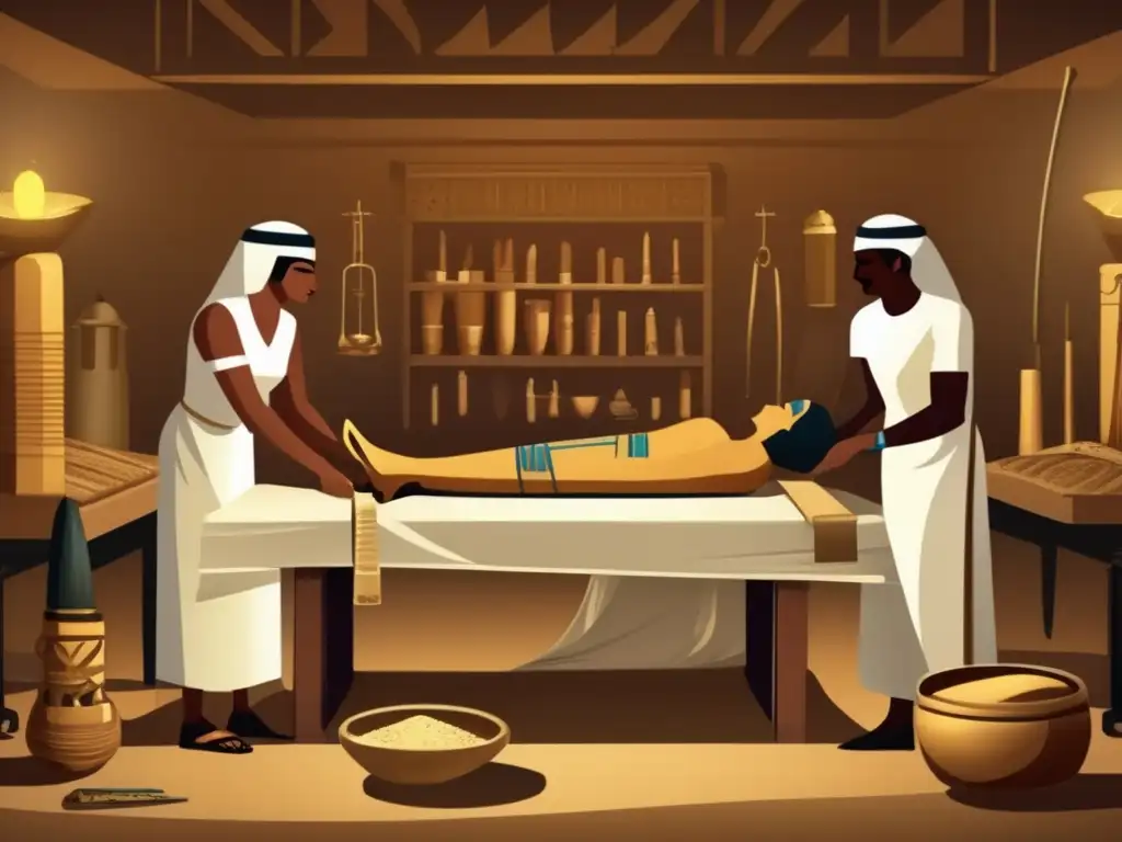 La imagen muestra un taller de momificación egipcio antiguo con un embalsamador envolviendo cuidadosamente un cuerpo