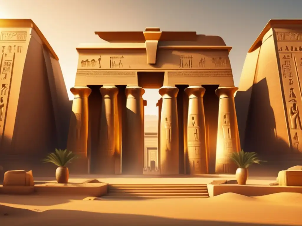 Una imagen en 8k muestra un templo egipcio antiguo, perfectamente conservado, bañado por la cálida luz dorada del sol