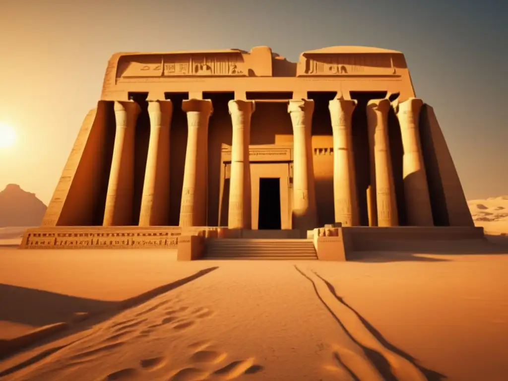 Una imagen en 8k del Templo de Ramsés II, con un filtro vintage que baña la escena en tonos cálidos, transporta al espectador en el tiempo