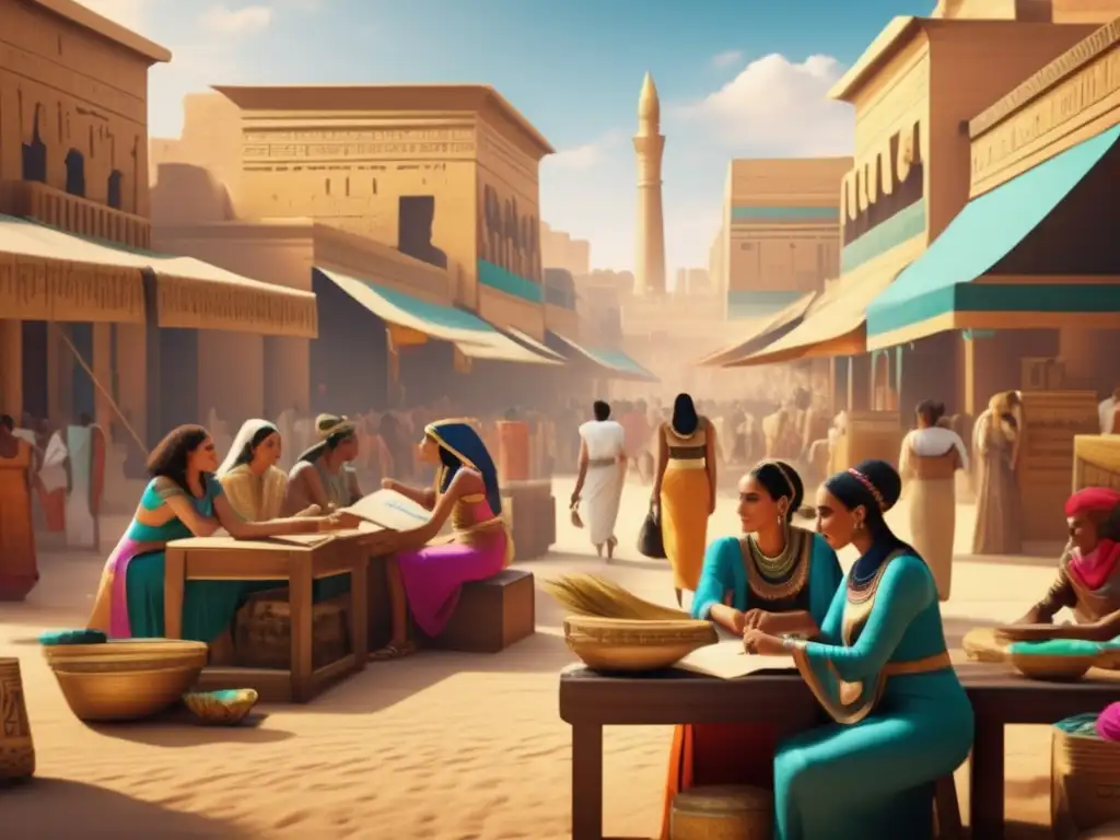 Una imagen ultra detallada en 8k con un estilo vintage muestra un bullicioso mercado en una vibrante ciudad de la antigua Egipto