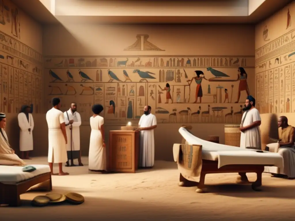 Una imagen ultradetallada en 8k de una animada clínica médica del antiguo Egipto en el Imperio Nuevo