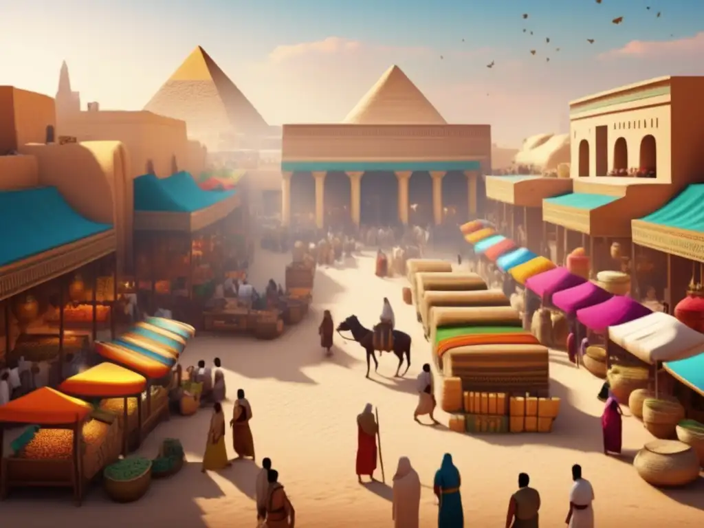 Una imagen ultradetallada en 8k muestra un animado bazar en la interacción cultural entre Mesopotamia y Egipto