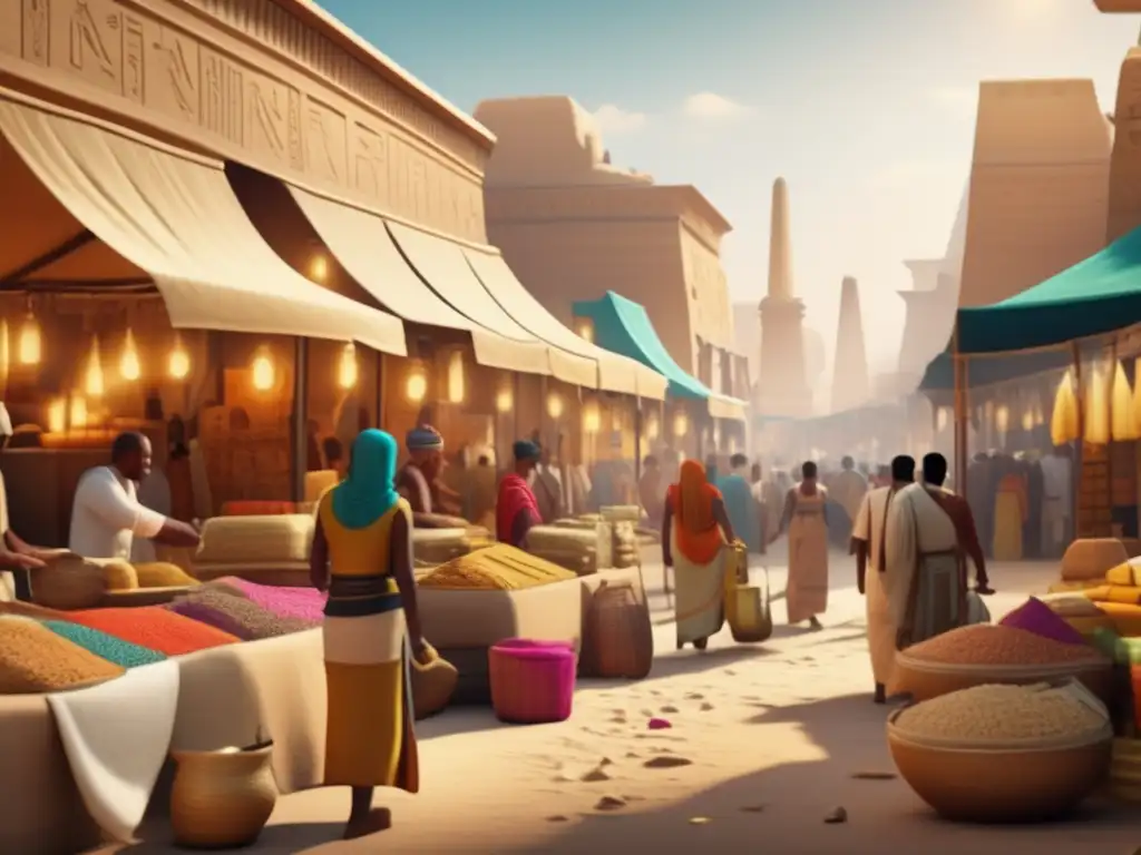 Una imagen 8K ultradetallada de un animado mercado egipcio antiguo, donde se resuelven problemas matemáticos y se comercian bienes