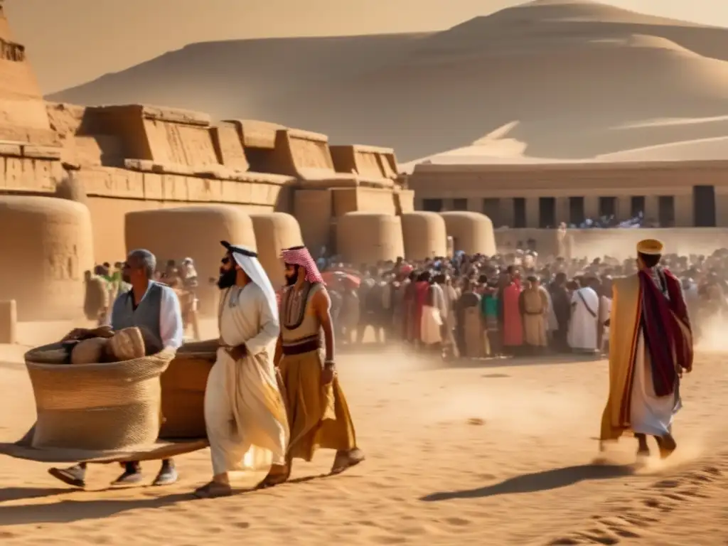 En esta imagen 8k ultradetallada, revivimos el antiguo Egipto y su comercio, documentando transacciones con papiros