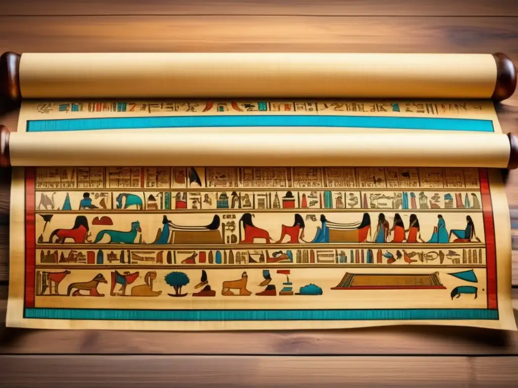 Una imagen ultradetallada en 8k muestra un antiguo papiro egipcio perfectamente conservado sobre una mesa de madera