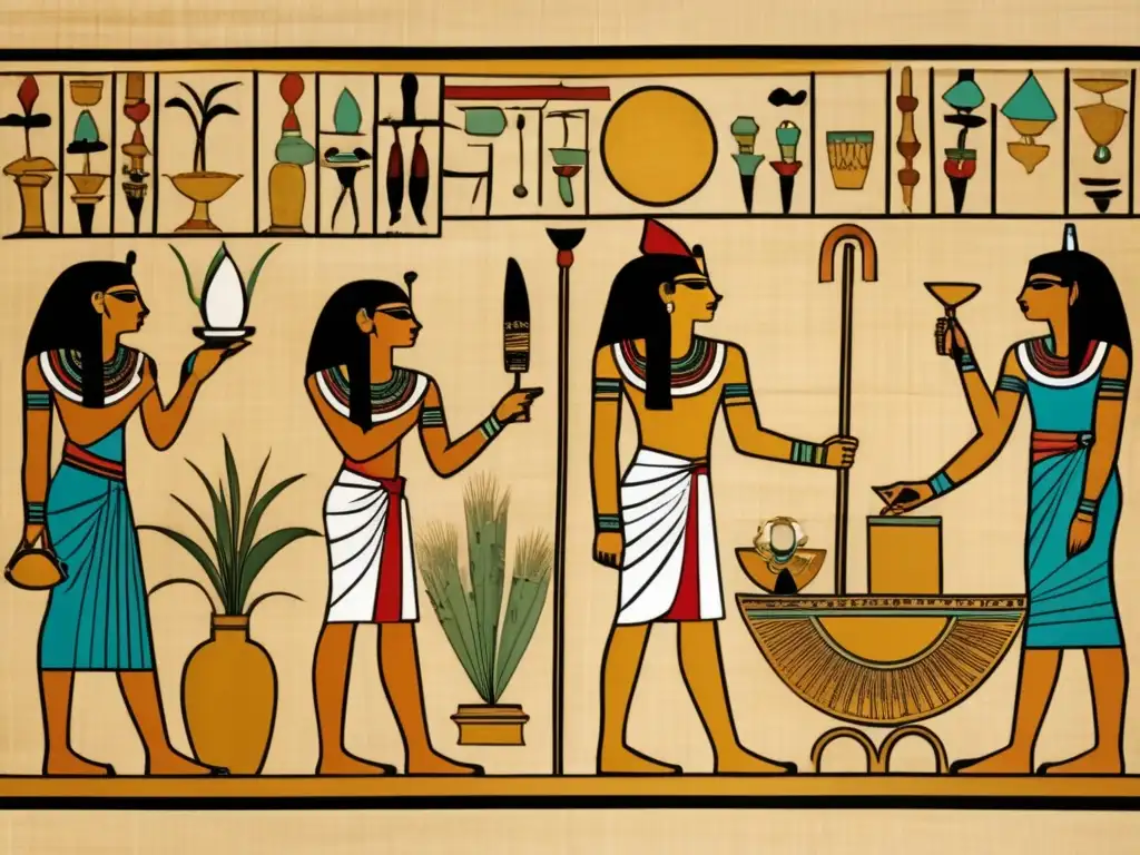 Una imagen ultradetallada en 8k de un antiguo papiro egipcio que representa prácticas curativas ancestrales en Egipto