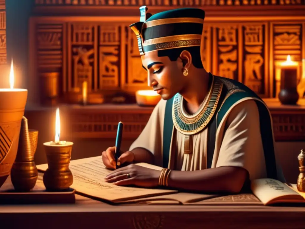 Una imagen ultradetallada en 8k muestra a un escriba egipcio en su función, rodeado de papiros y herramientas de escritura