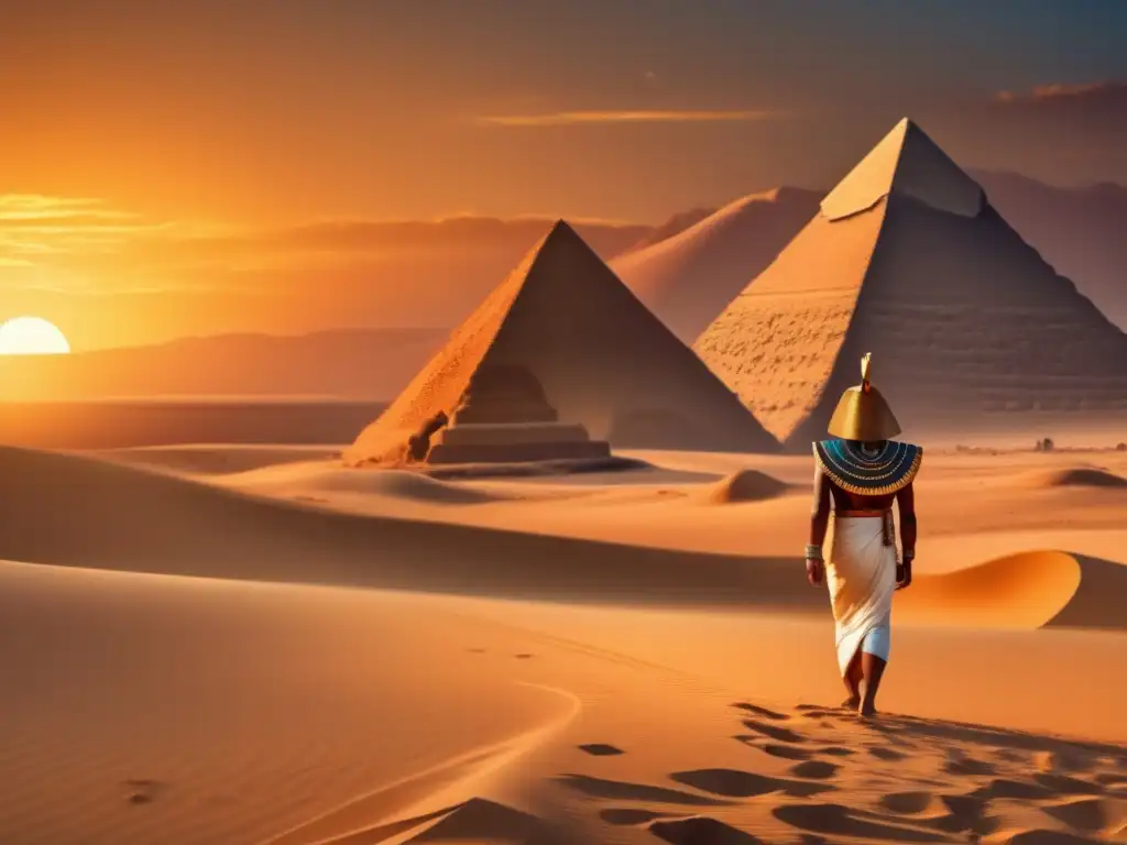 Una imagen ultradetallada con estilo vintage muestra el misterioso desierto egipcio al atardecer