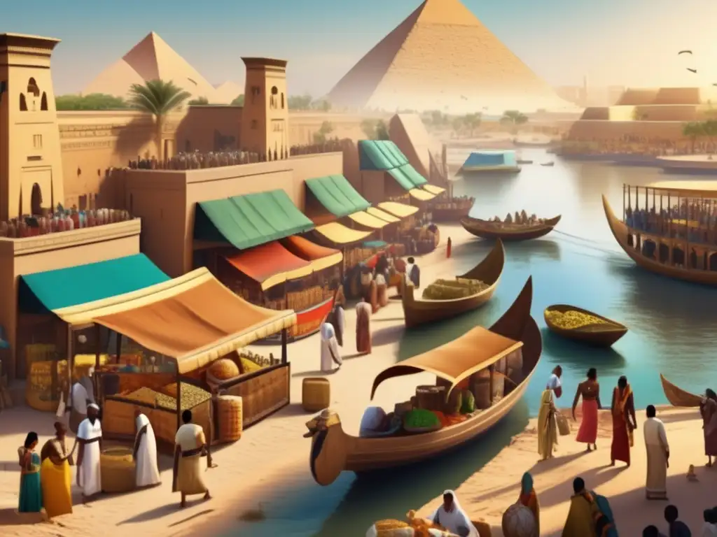 Una imagen de 8k ultradetallada y con estilo vintage que muestra un bullicioso mercado en el antiguo Egipto