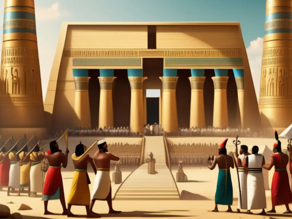 Una imagen ultradetallada y de estilo vintage que representa un majestuoso templo egipcio, adornado con relieves intrincados
