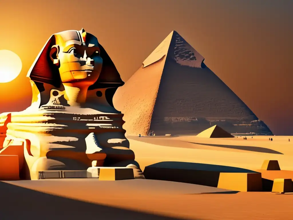 Una imagen 8k ultradetallada del icónico Gran Esfinge de Giza, con el sol poniéndose detrás de las pirámides