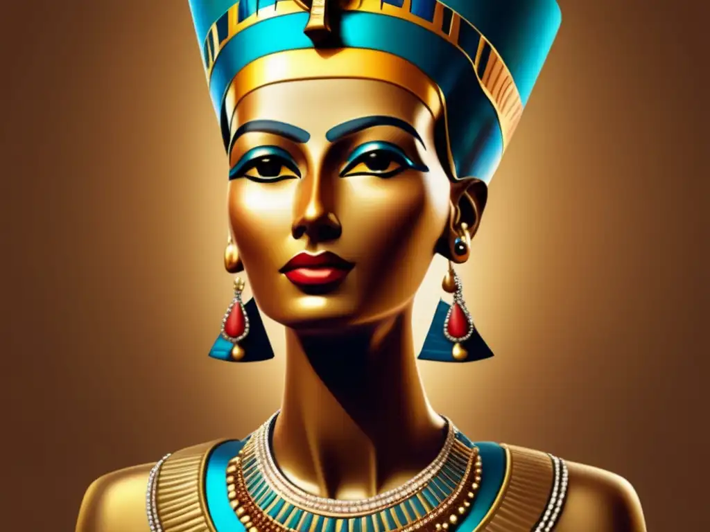 Una imagen 8k ultradetallada del icónico busto de la Reina Nefertiti, adornado con joyas e intrincados tocados