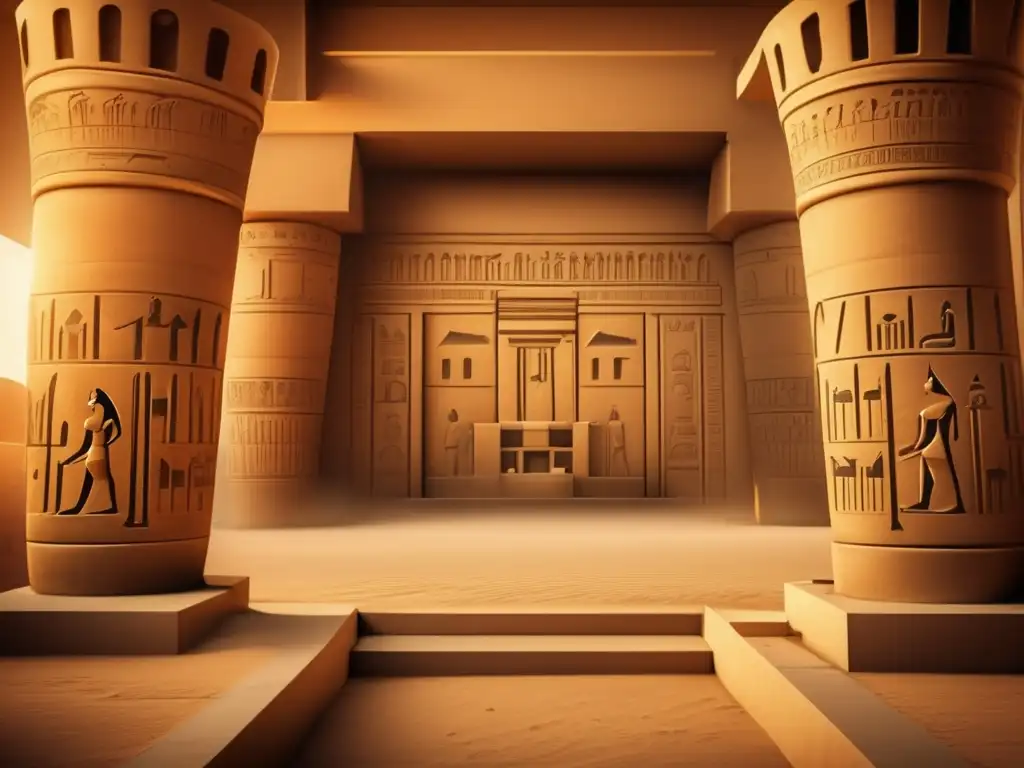 Una imagen ultradetallada del interior de un majestuoso bastión egipcio, mostrando su intricado diseño y construcción arquitectónica